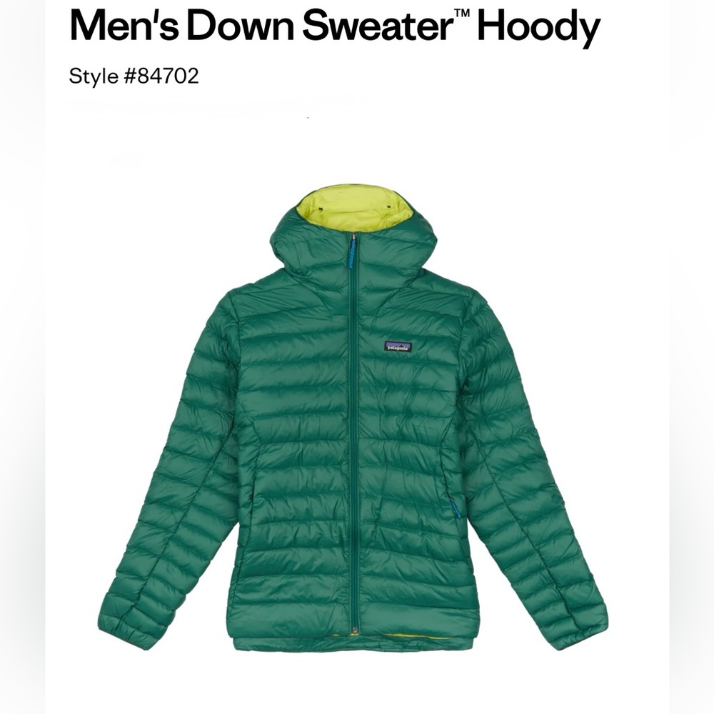 Patagonia Men's Conifer Green Down Sweater Puffer Jacket with Yellow Lining